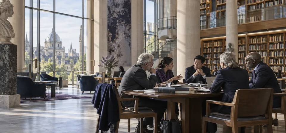 Illustrative international scholarly dialogue in a light-filled research library