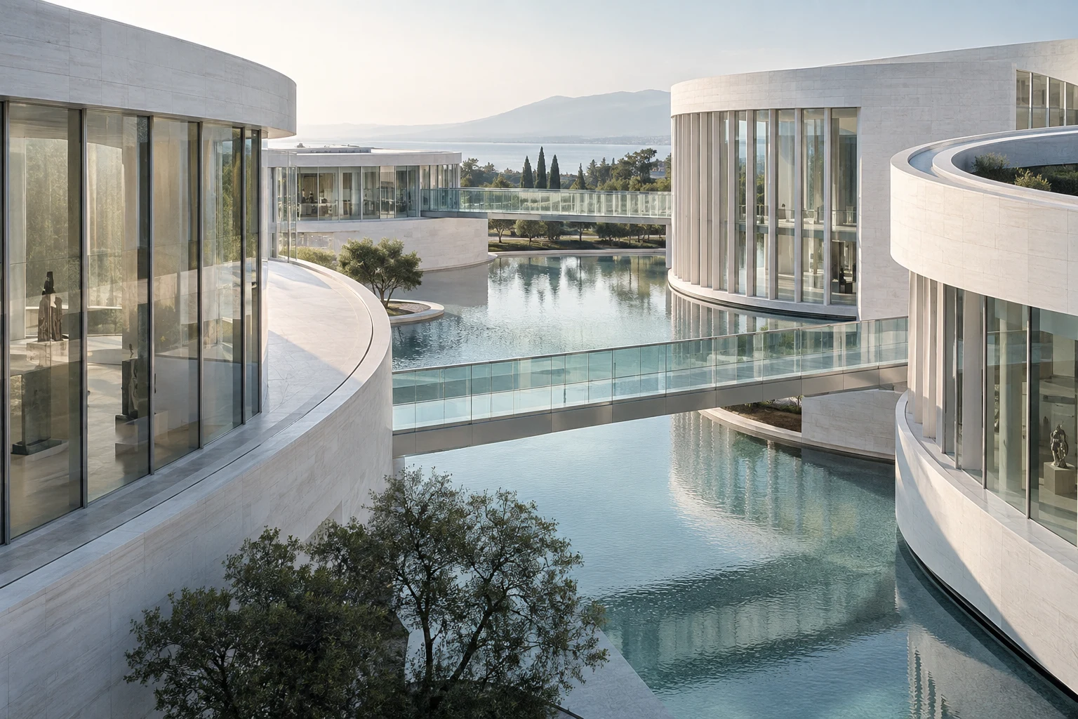 Light-filled architectural courtyards connected by glass walkways