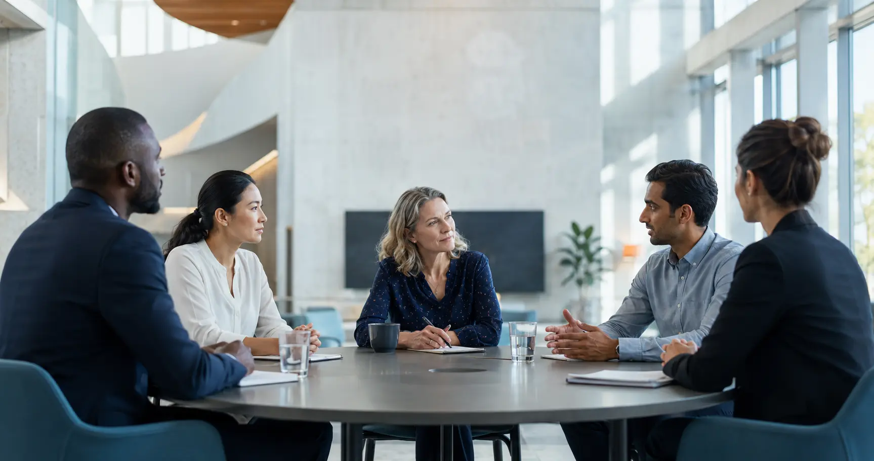 International professionals in a calm facilitated dialogue