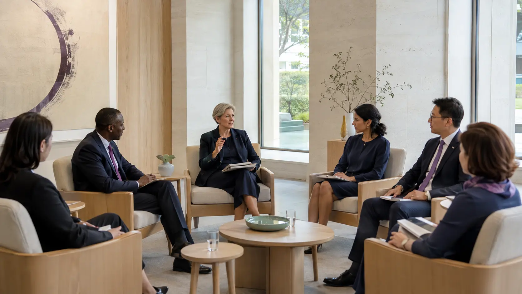 International professionals in a calm facilitated conversation